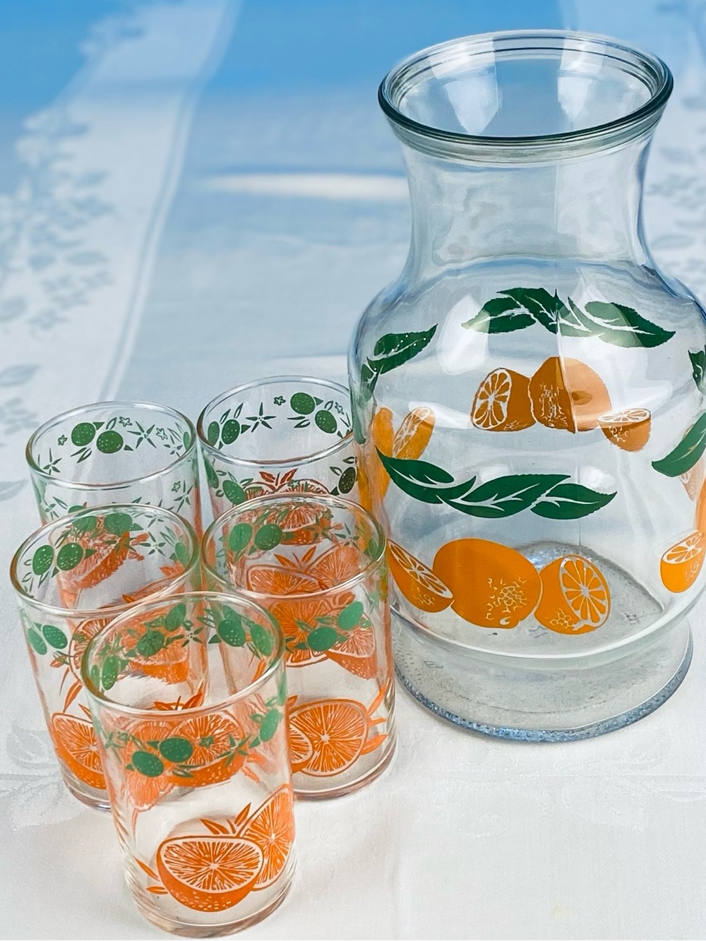 Vintage Orange Citrus Glass Carafe and 5 Tumblers - 3 3/4” Tall